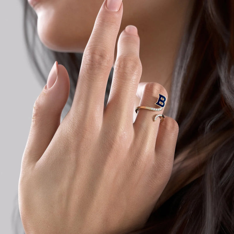 Blue F 14K Yellow Gold Initial Letter Dainty Ring