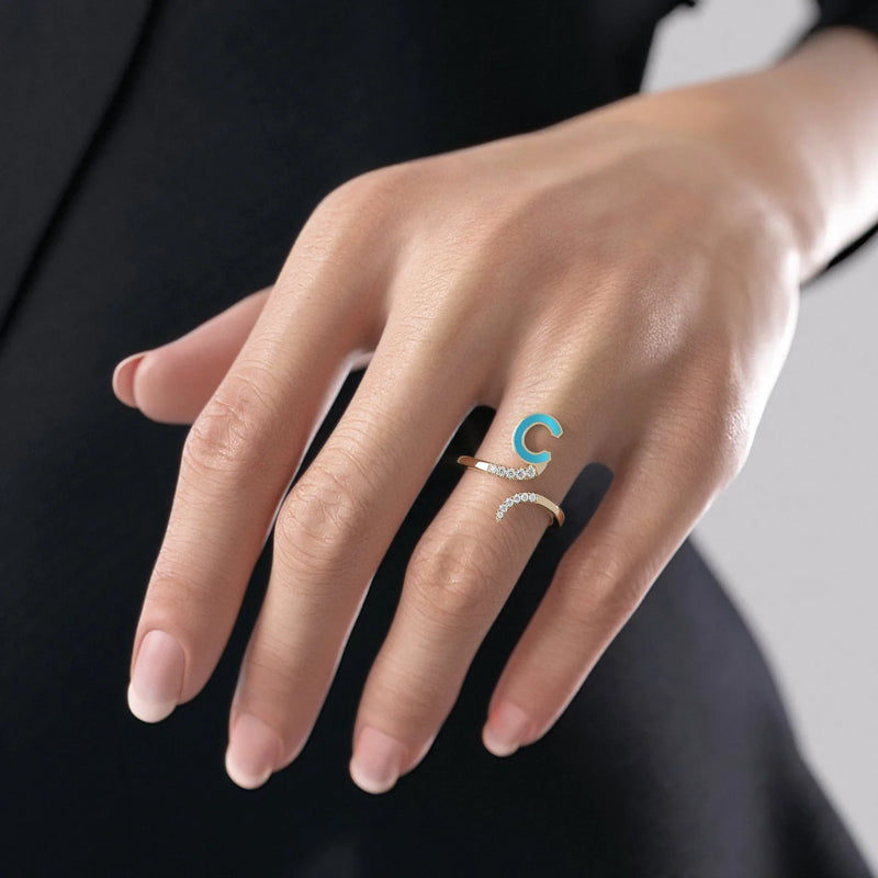 Turquoise M 14K Yellow Gold Initial Letter Dainty Ring
