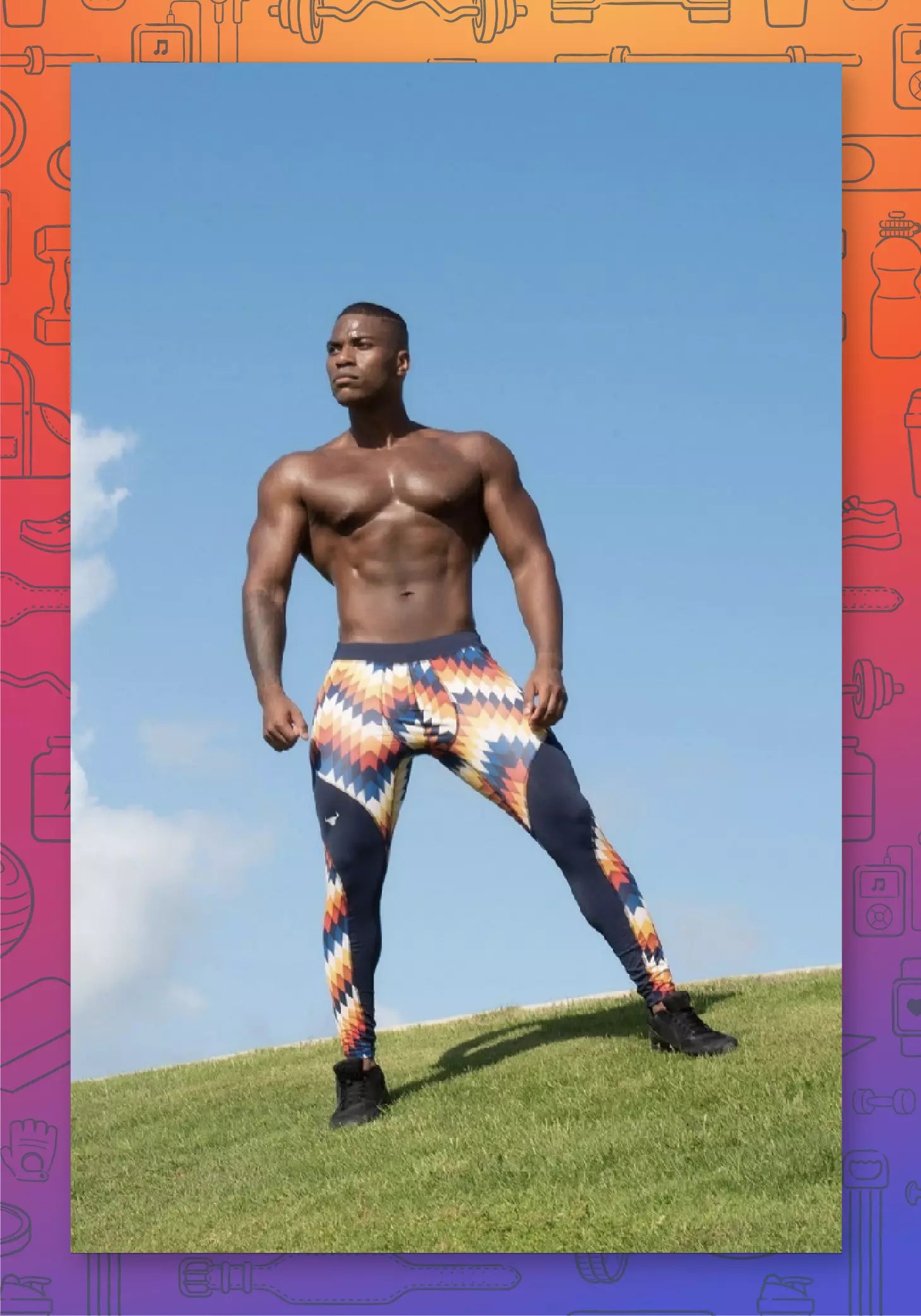 male model posing like a super hero with men's leggings