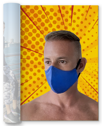 comic book graphic of man wearing blue facemask