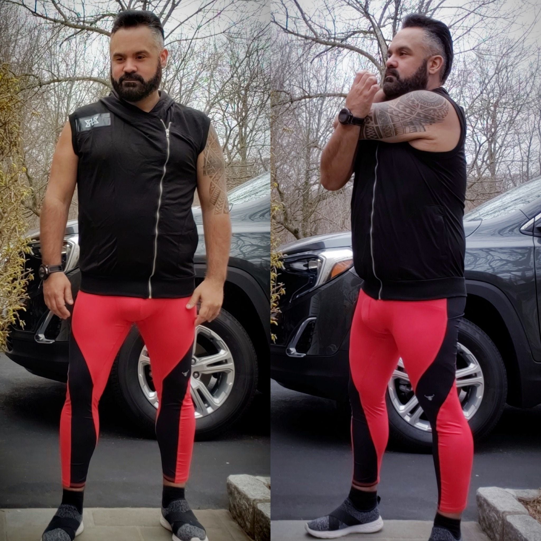 Man with beard stretching in Meggings