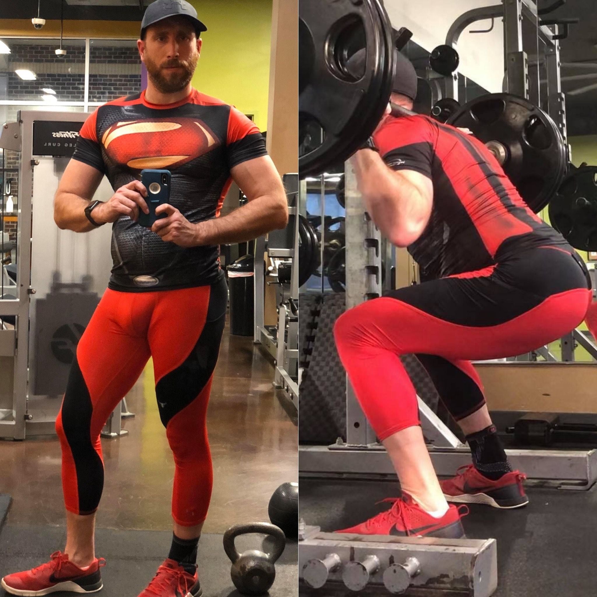 man squatting at gym