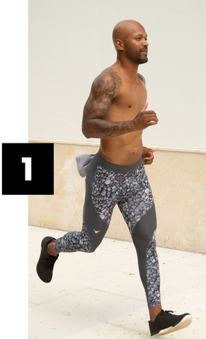 muscular man running in grey printed meggings