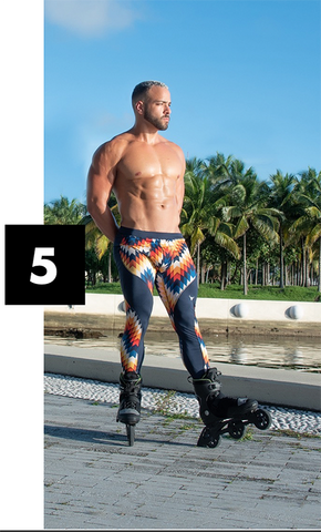 muscular male model rollerblading in geometric leggings