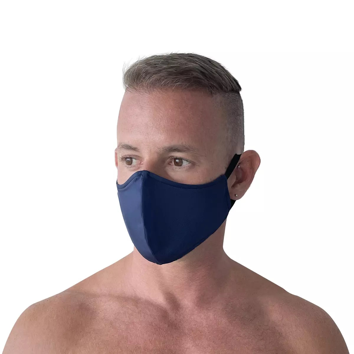 man wearing navy blue face mask