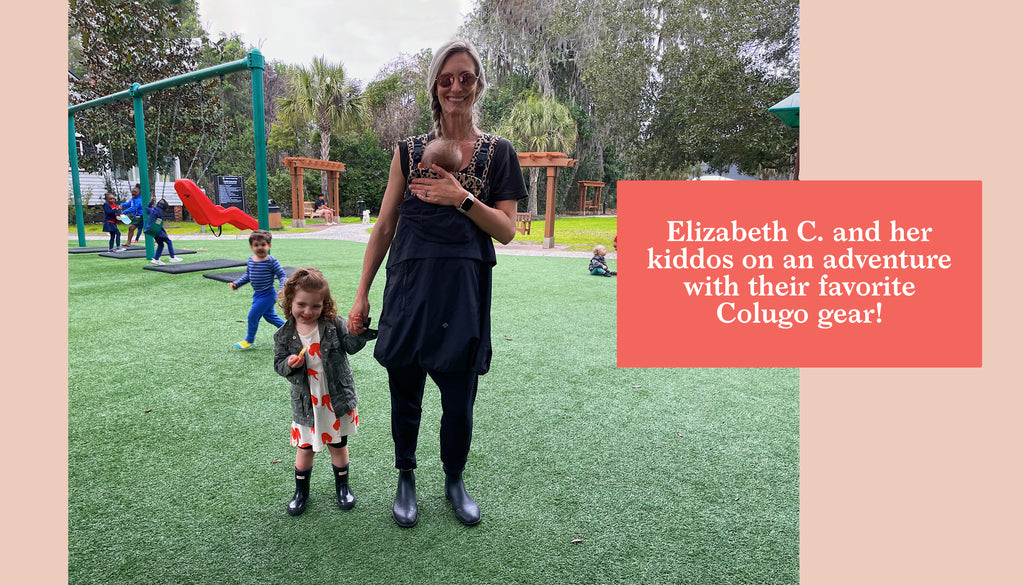 Elizabeth with her kiddos and the Colugo Baby Carrier & Carrier Mac