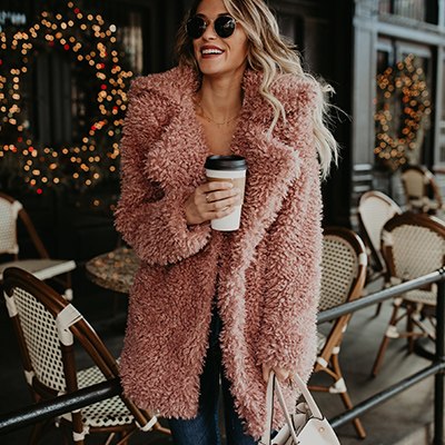 OOTN Teddy Bear Jacket Pink Faux Fur Coat Women Plush Long Shaggy Card ...