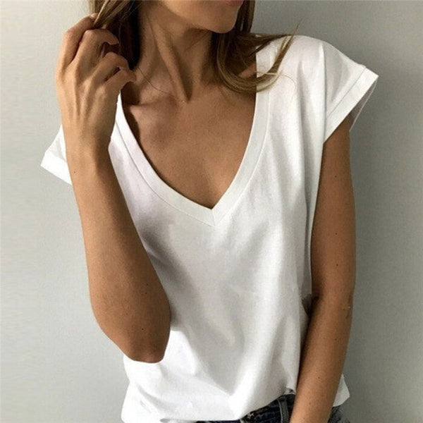Summer White T Shirt Women Short Sleeve V Neck Loose Tshirt Casual