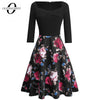 Women Elegant Charming 3/4 Sleeve Square Collar Floral Print Fit and Flare A-Line Party Dress 1EA075