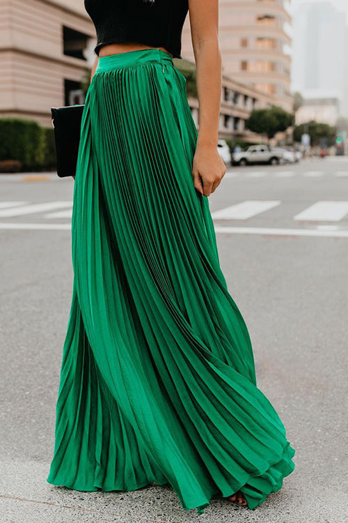 green pleated long skirt