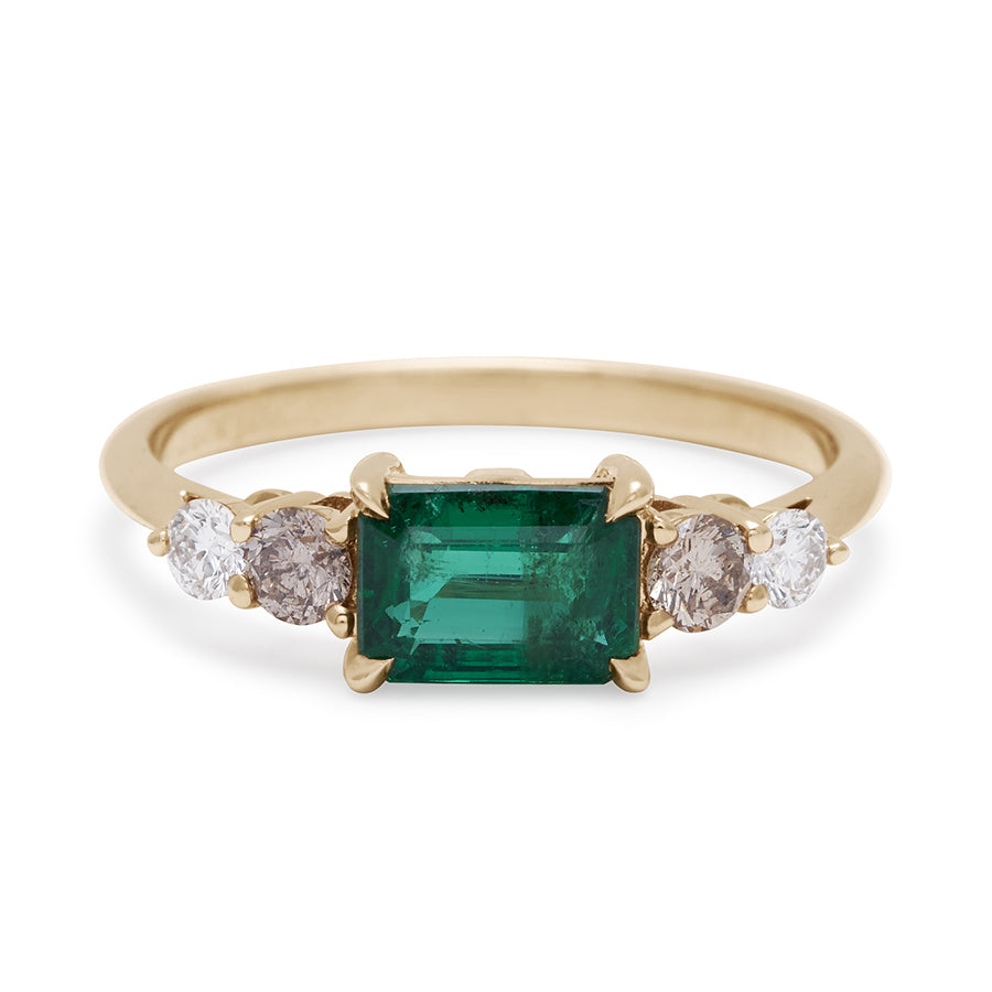 Bea Five Stone Ring - Yellow Gold, Zambian Emerald, Champagne & White Diamonds