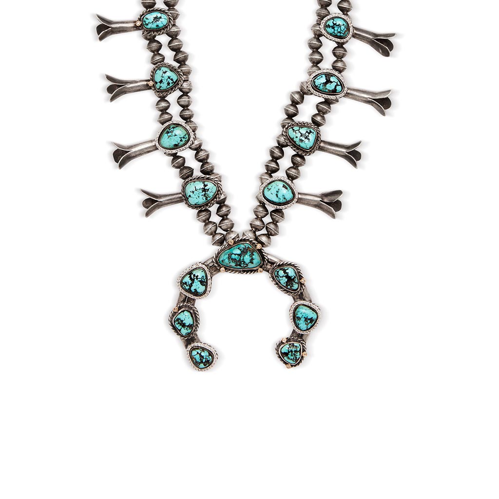 Squash Blossom Necklace No. 04 - Sterling Silver, Turquoise, White & Grey  Diamonds