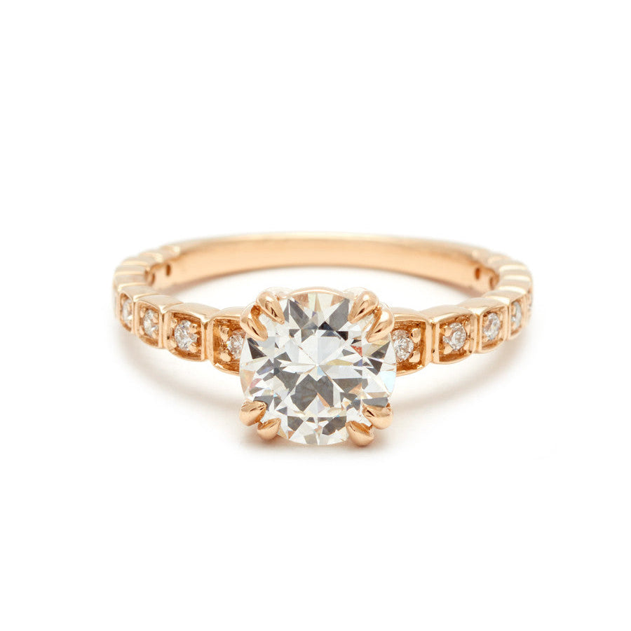 Tapered Wheat Engagement Ring - 14k Gold & Old Euro Cut White Diamond ...