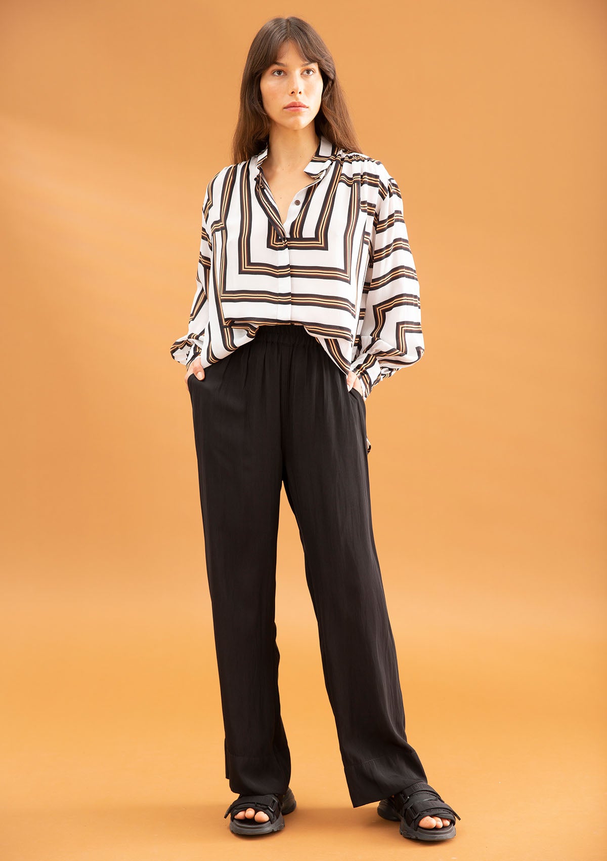 Mela Purdie Corner Stripe Print Silk Soft Neck Blouse