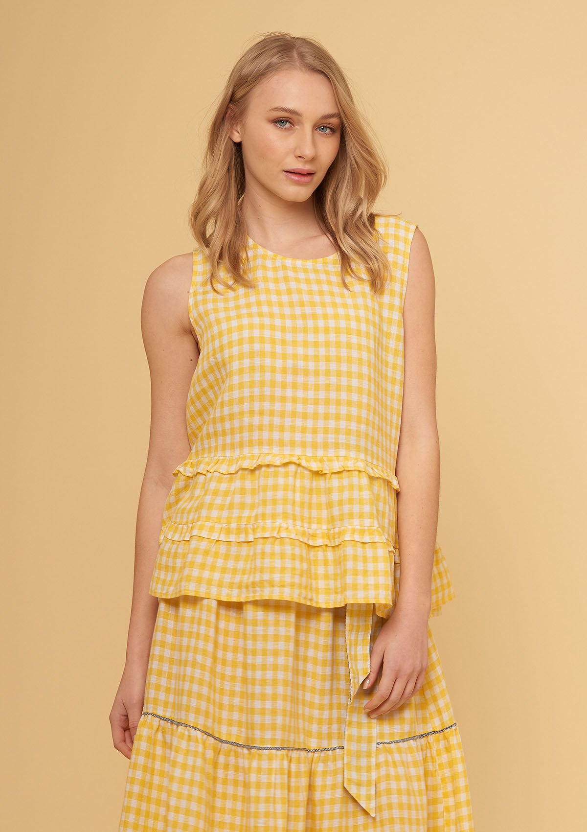 Alessandra Sleeveless Gingham Toffee Tee