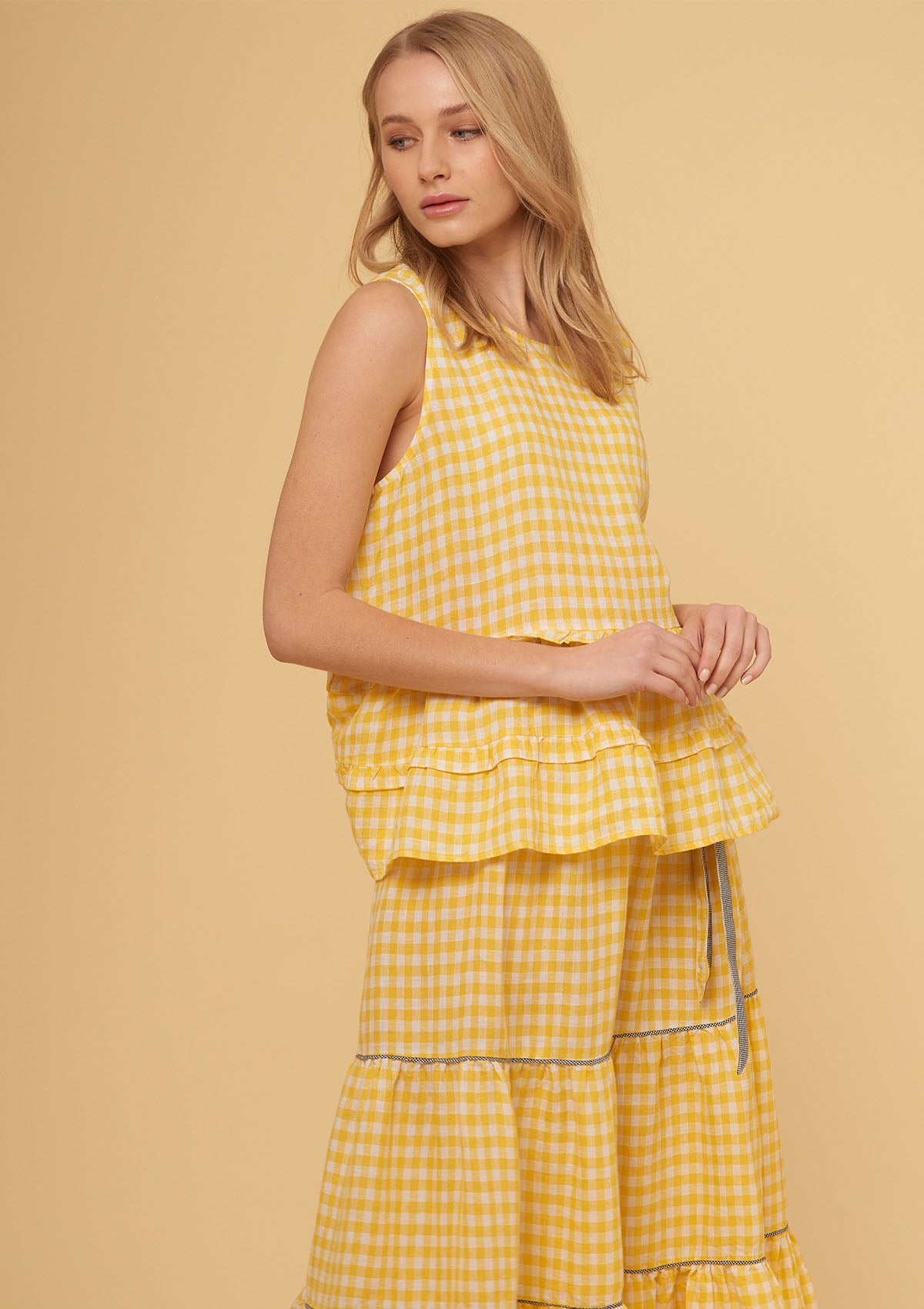 Alessandra Sleeveless Gingham Toffee Tee