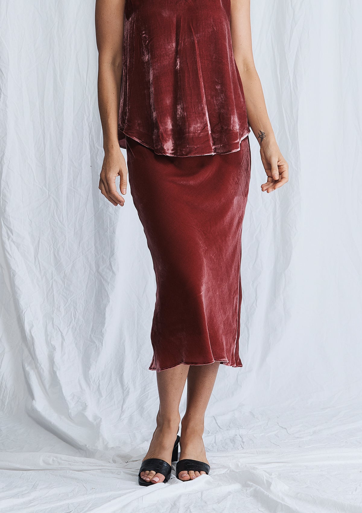 Luxe Deluxe First Love Velvet Bias Cut Midi Skirt