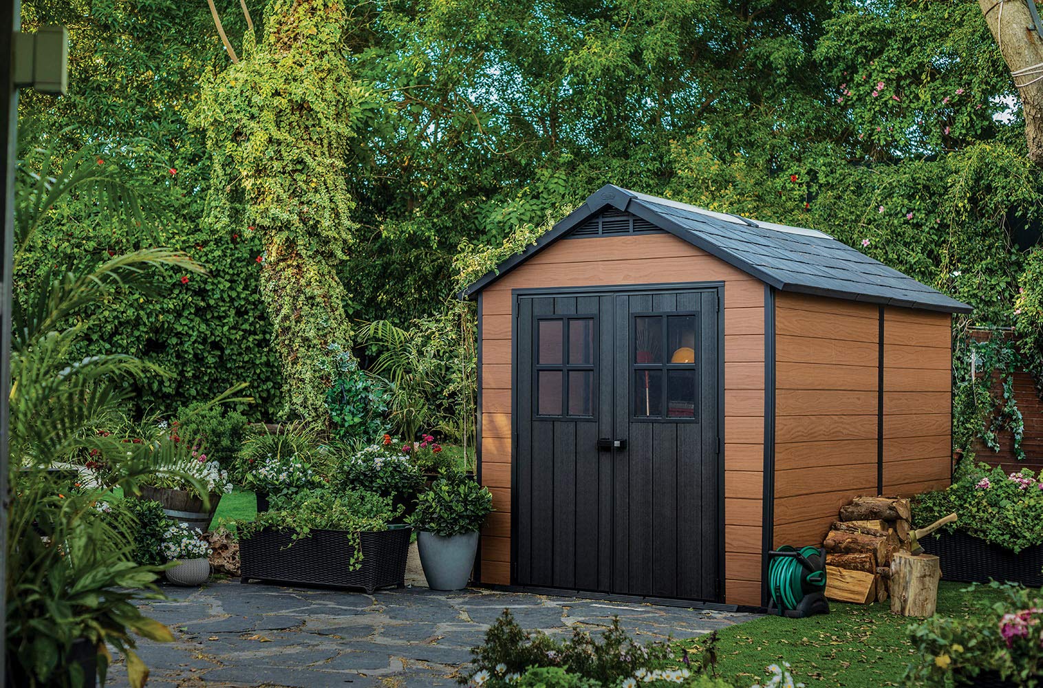 Keter Newton 7.5x11 Large Outdoor Storage Shed, Mahogany 