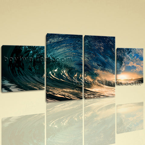 Large Seascape Wall Art Sea Wave Canvas Painting On Dining Room 4 Pieces Print