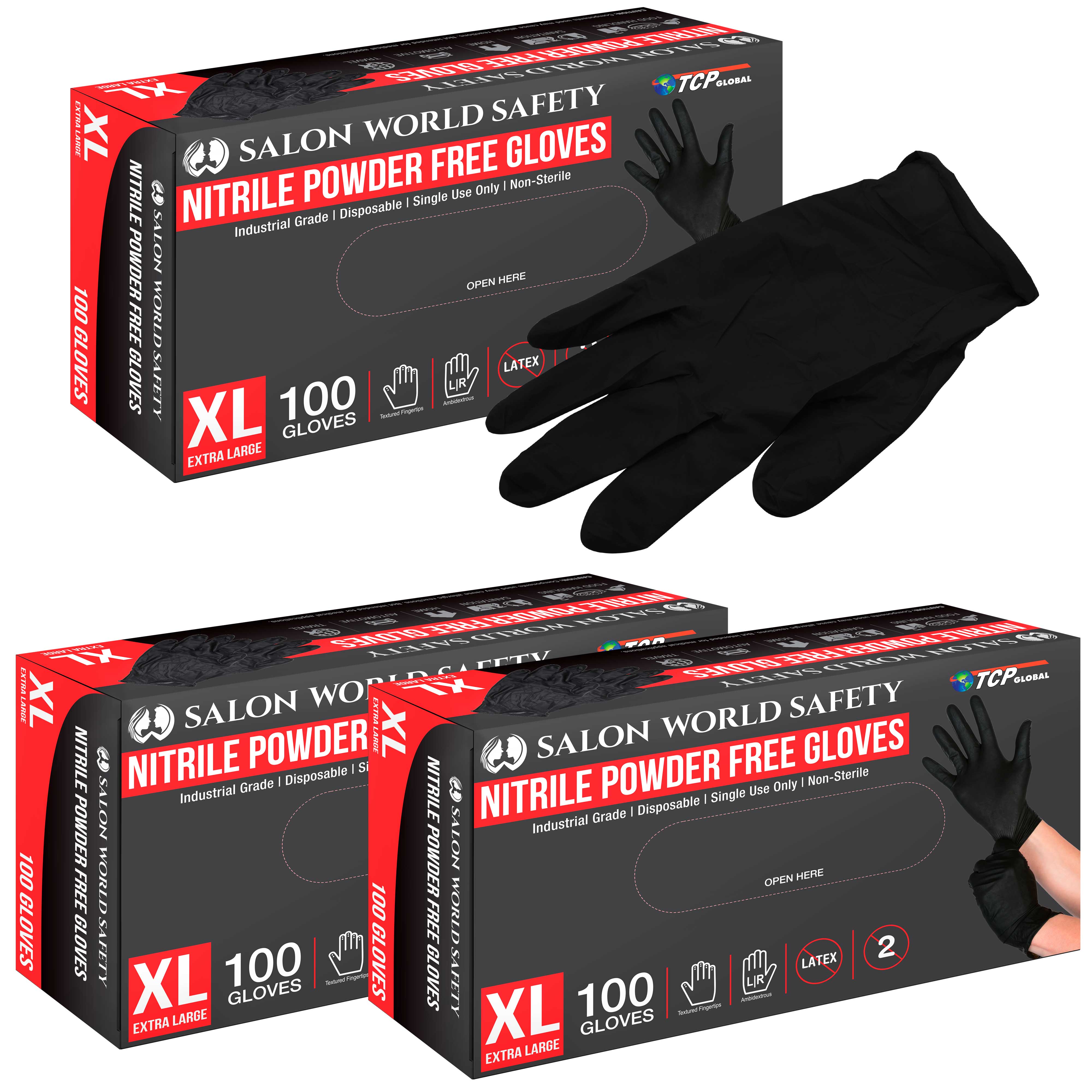 Black Nitrile Disposable Gloves, 3 Boxes of 100 - X-Large, 4 Mil Thick - Latex and Powder Free, Textured Tips, Food Safe, Extra-Strong Protection