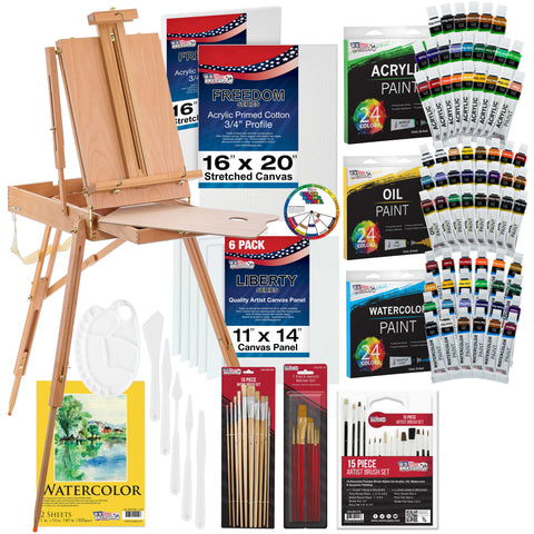 U.S. Art Supply 133-Piece Deluxe Ultimate Artist Painting Set with Aluminum  and Wood Easels, 72 Paint Colors, 24 Acrylic, 24 Oil, 24 Watercolor, 8  Canvases, 44 Brushes, 4 Painting & Sketch Pads