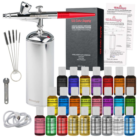 U.S. Cake Supply - Complete Cordless Handheld Airbrush Cake Decorating System, Professional Kit with A Full Selection of 24 Vivid Airbrush Food