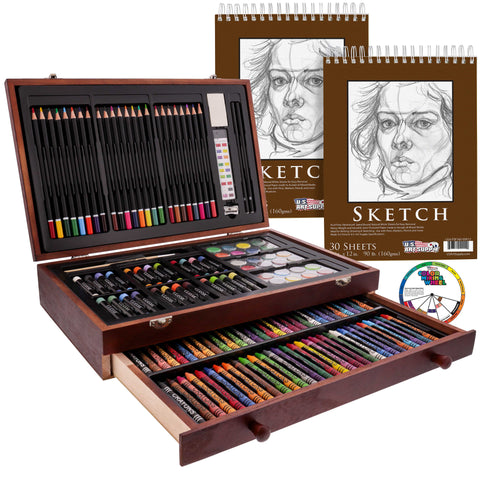 145 Piece Deluxe Art Set, Wooden Art Box & Drawing Kit Crayons, Oil  Pastels, Pencils, Watercolor, Sketch Paint Brush Color Chart cherry 