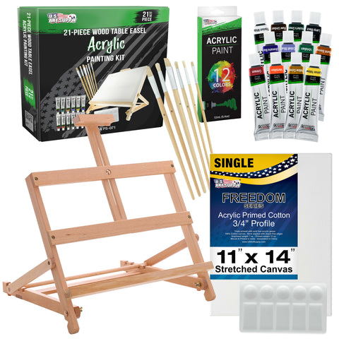 Falling in Art Beechwood Tabletop Easel Set with 12 Tubes Acrylic Paints Canvas Panels Brushes Palette – 24 Pieces Artist Acrylic Painting Set