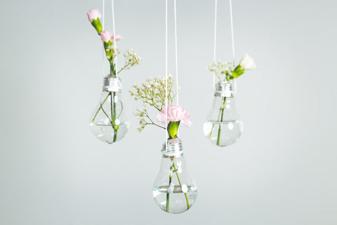 Home DIY crafts of flowers in lightbulbs. 