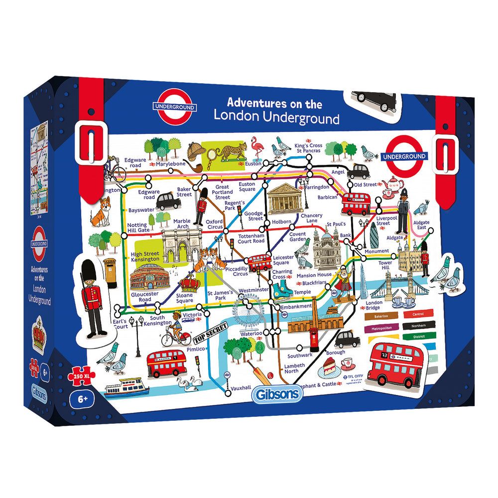 A map of the London Underground with illustrative London decorations in the form of a children's jigsaw puzzle.