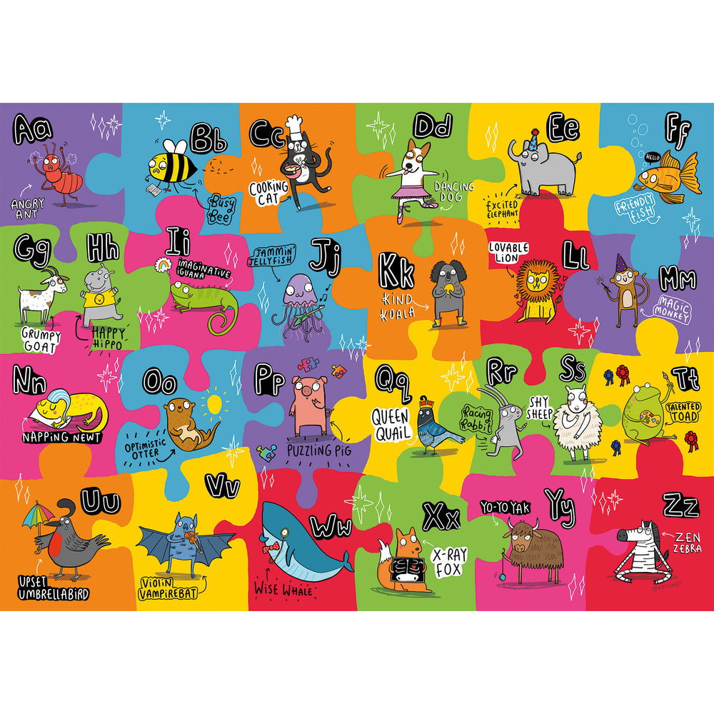 Letters of the alphabet represented by animals and objects on a multicoloured background jigsaw puzzle for children.