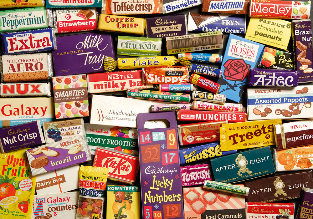 A collection of different sweet treats and chocolates from the 1960s.