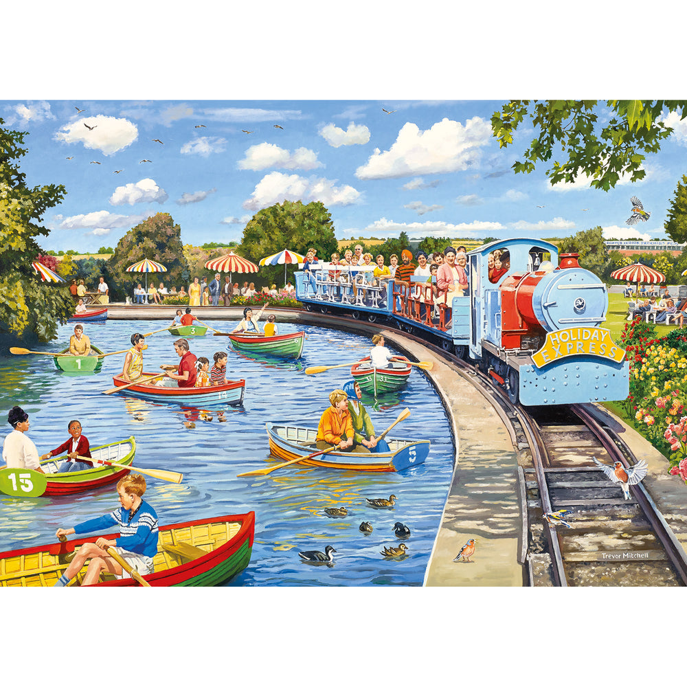 Jigsaw puzzle picture of people rowing on a lake and people on a train.