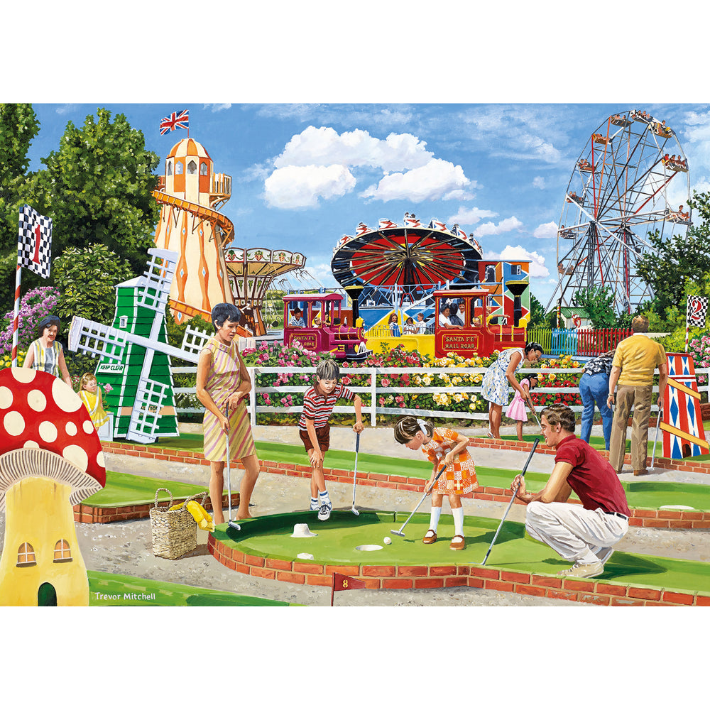 Jigsaw puzzle picture of people at an amusement park and playing mini golf.