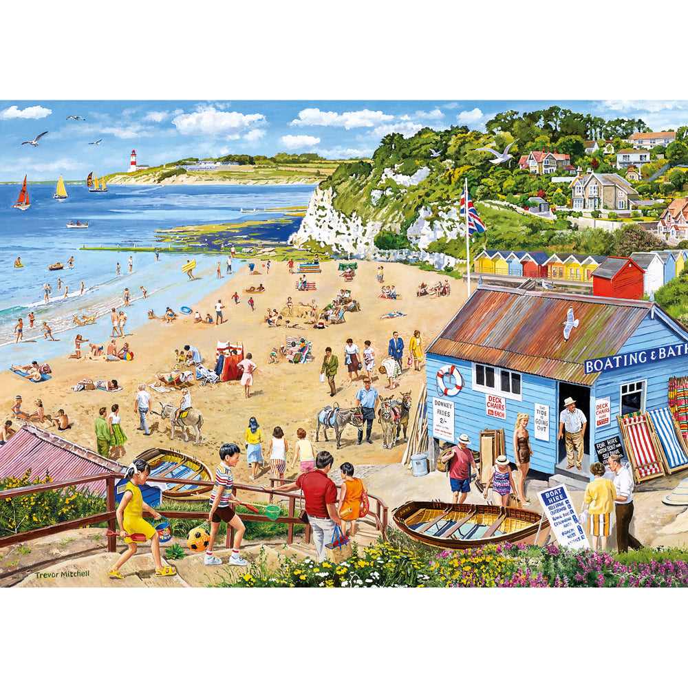 Jigsaw puzzle picture of families at the beach in the summer.