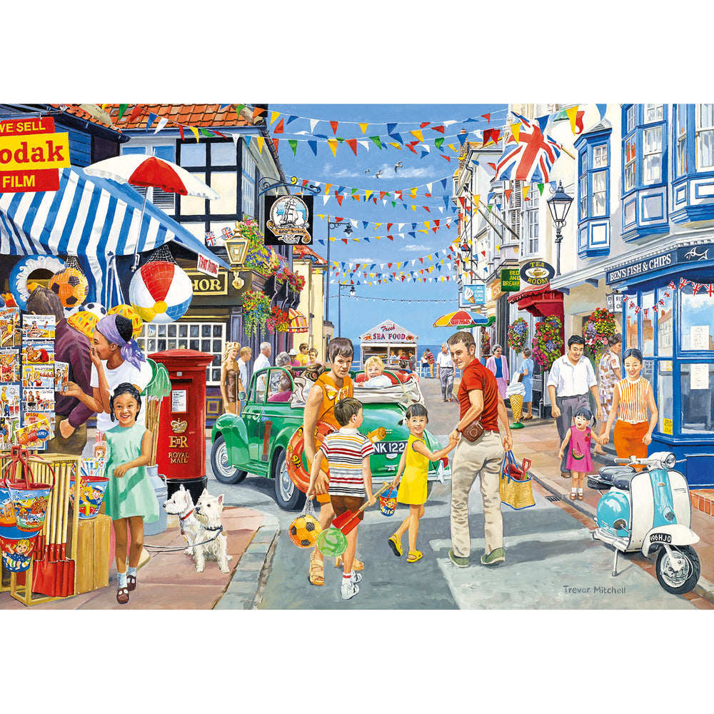 Jigsaw puzzle of children and families near the beach walking around shops.