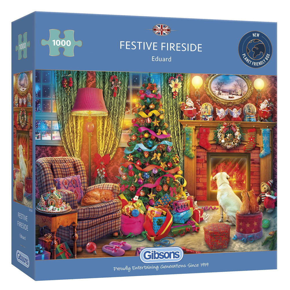 Festive Fireside jigsaw puzzle box showing a house decorated for Christmas.