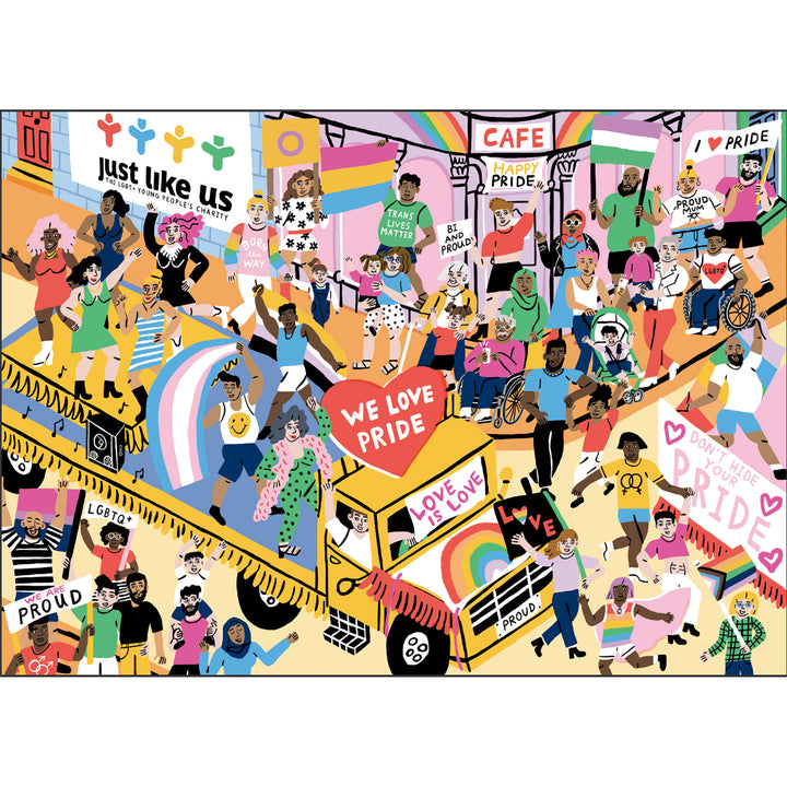 'Just Like Us' jigsaw puzzle showcasing a LGBTQIA+ pride parade.