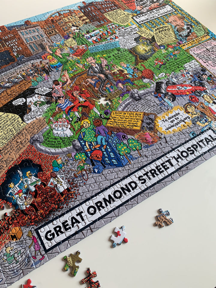 Illustration of Great Ormond Street Hospital in the form of a jigsaw puzzle on a table from Gibsons.