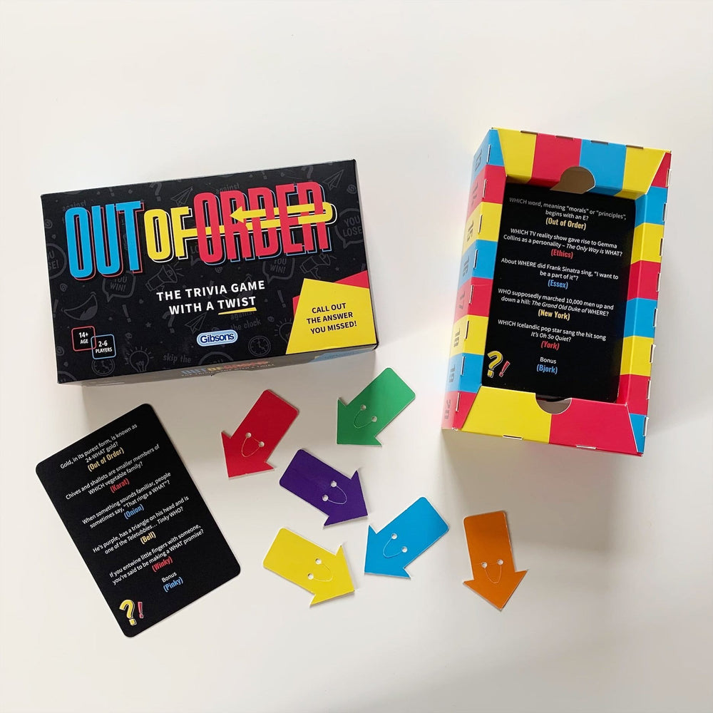 Components and inside of the box to the 'Out of Order' trivia game.