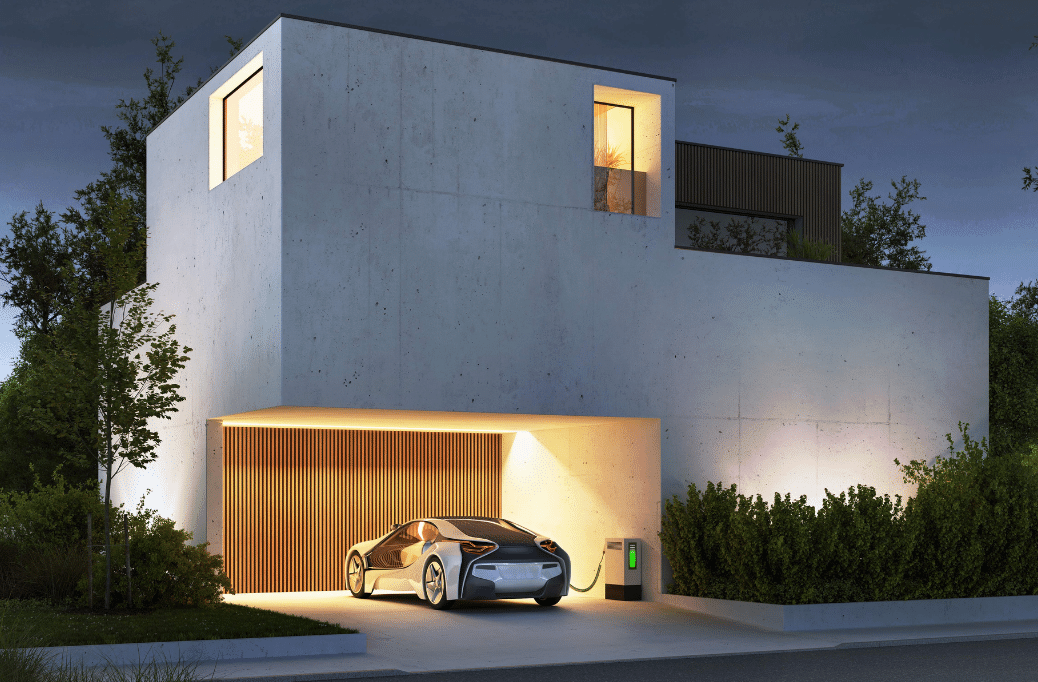 Modern concrete house and electric car with outdoor lighting