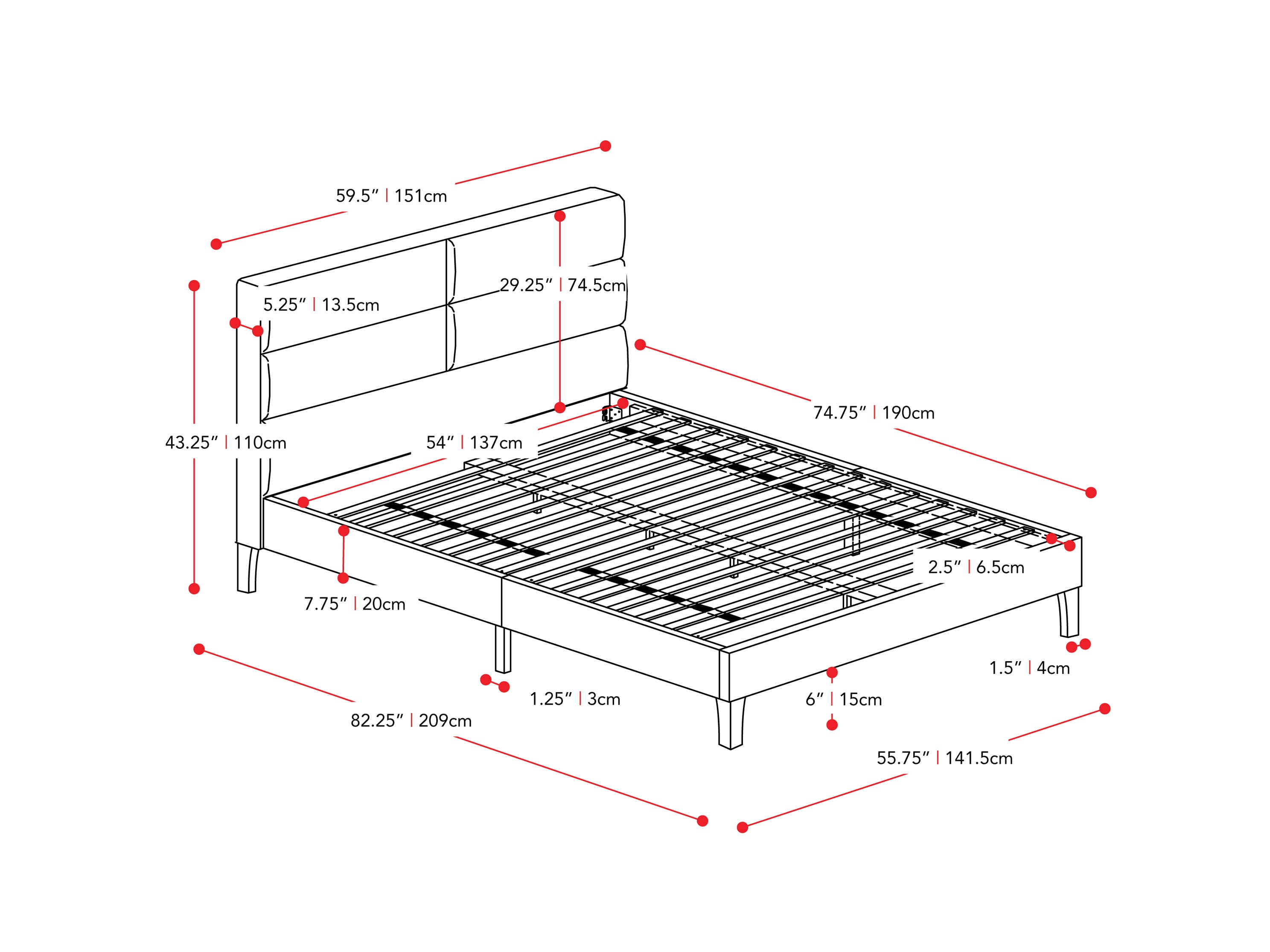 light grey Upholstered Double / Full Bed Bellevue Collection measurements diagram by CorLiving#color_bellevue-light-grey