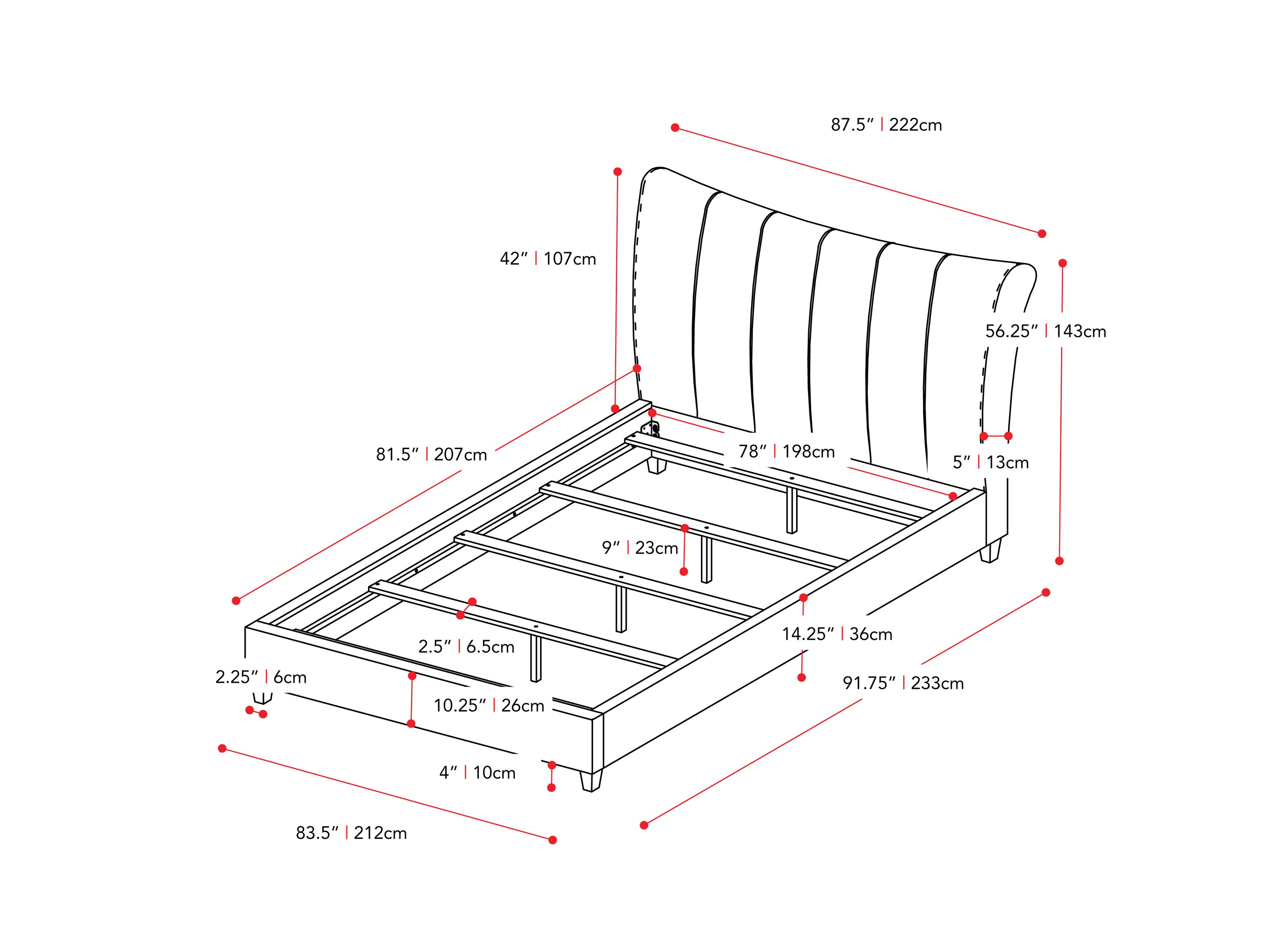 navy blue Channel Tufted King Bed Rosewell Collection measurements diagram by CorLiving#color_navy-blue