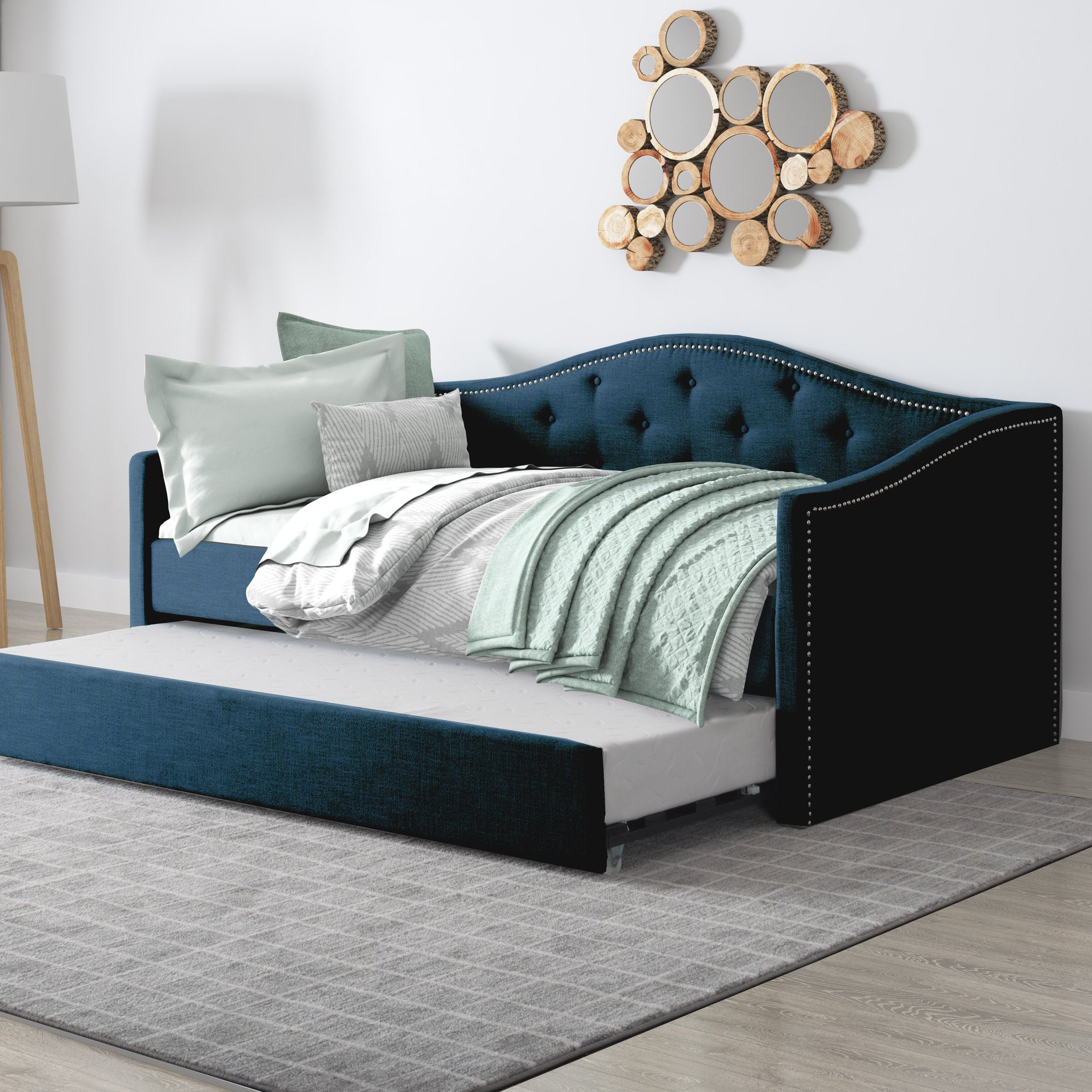 Tufted Fabric Day  Bed  with Trundle Single   CorLiving 