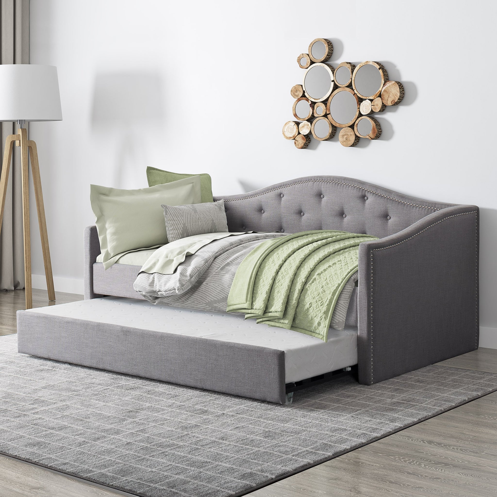 Fairfield Tufted Fabric Day Bed with Trundle and Mattresses, Twin 