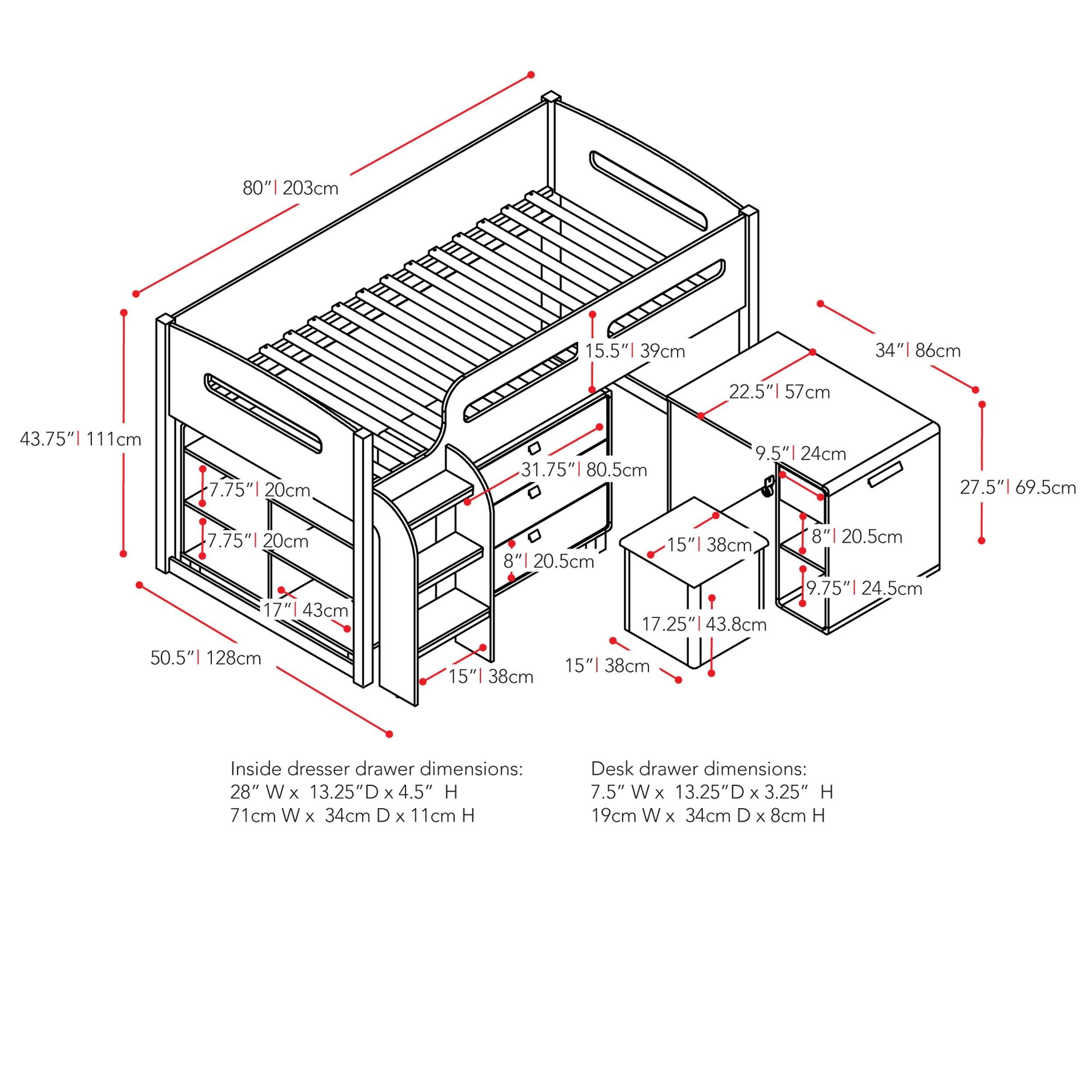 espresso Twin Loft Bed with Desk Mika Collection measurements diagram by CorLiving#color_espresso