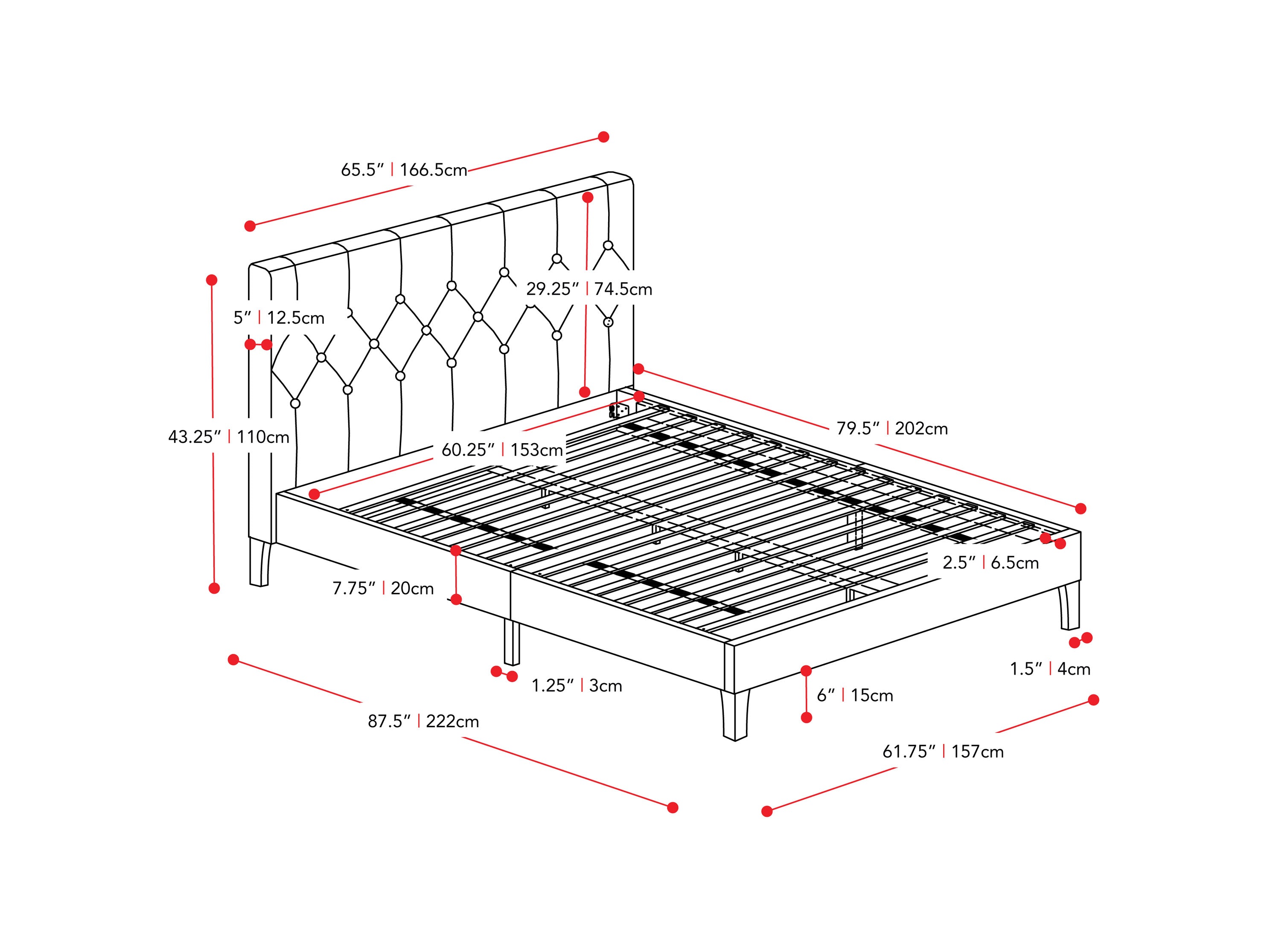 dark grey Button Tufted Queen Bed Nova Ridge Collection measurements diagram by CorLiving#color_nova-ridge-dark-grey