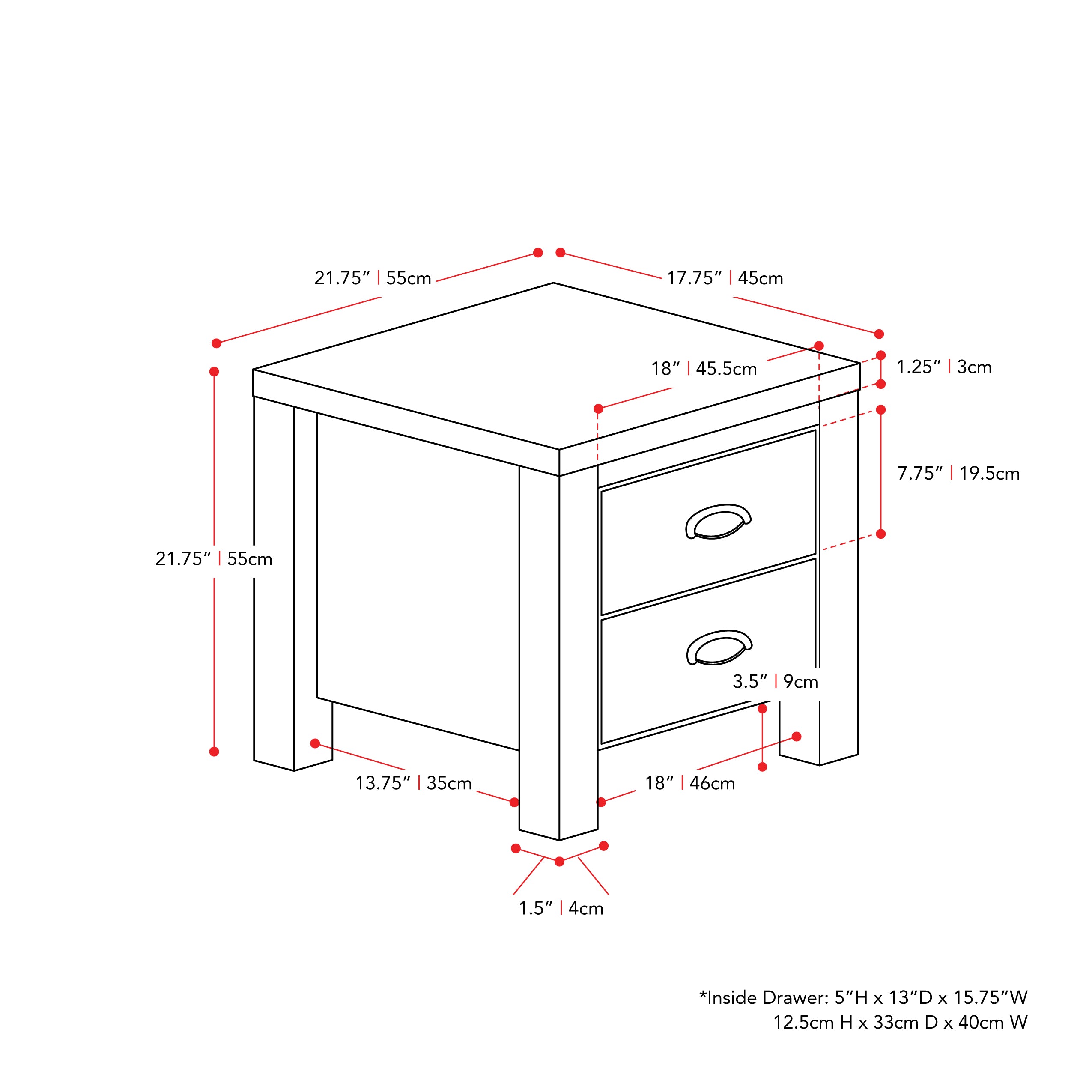 black 2 Drawer Night Stand Boston Collection measurements diagram by CorLiving#color_black