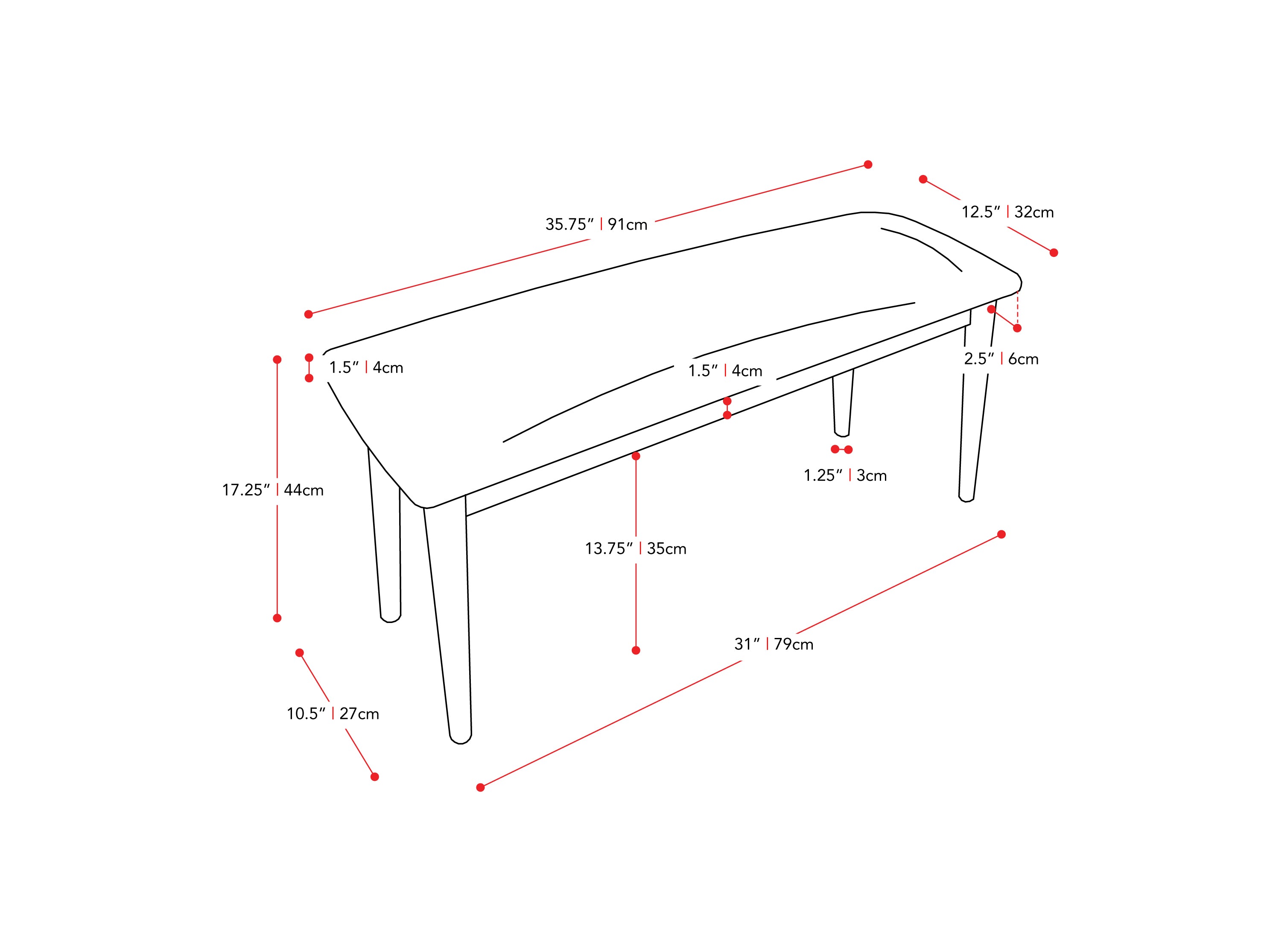 brown Mid Century Bench Branson Collection measurements diagram by CorLiving#color_branson-walnut-and-tweed