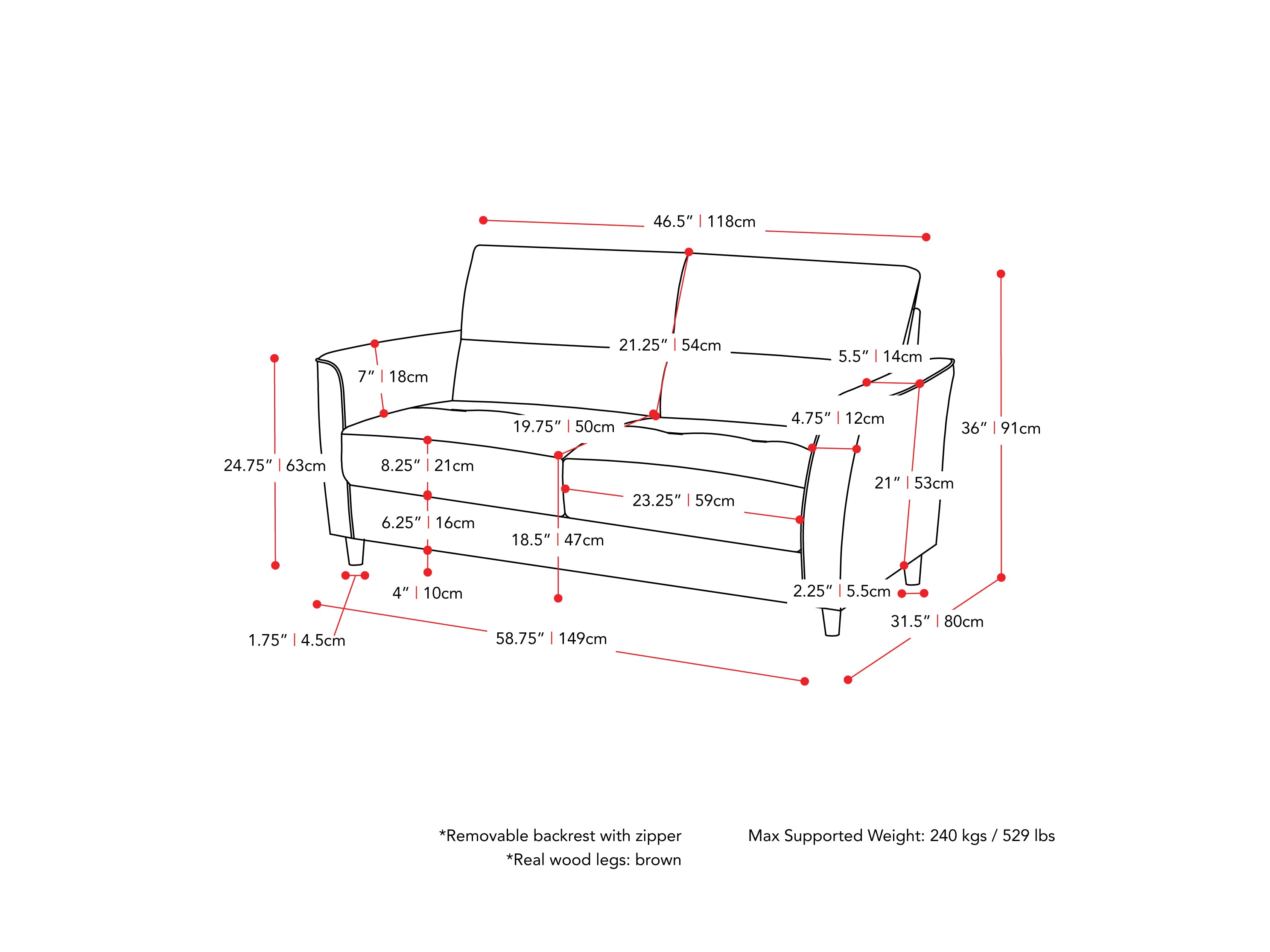 dark grey 2 Seater Loveseat and Chair Set, 2 piece Caroline collection measurements diagram by CorLiving#color_dark-grey